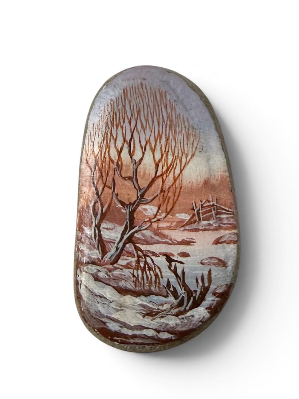 Vintage Hand Painted Snowy Landscape on Stone Oval Pin Signed